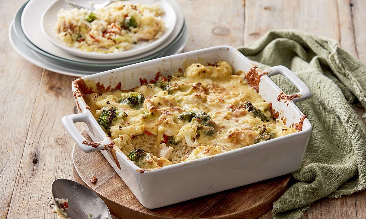 Cheesy Chicken, Cauliflower & Broccoli Rice Bake